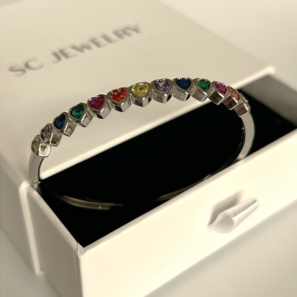 Heart Bangles Bracelets Platinum Plated Silver Color Luxury Jewelry (2 piece) - Picture 4 of 12